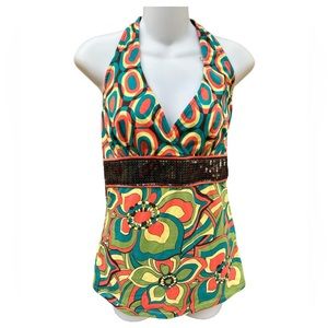 NWOT Y2K Bisou Bisou Bright Color Floral Halter Sequin Top Size Small